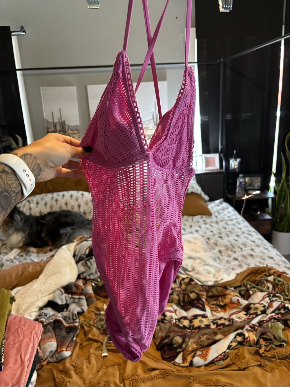 Pink Crochet Mesh One-Piece Swimsuit with Strappy Back